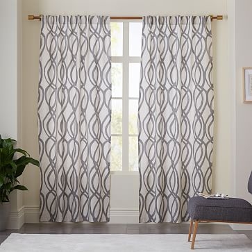 Cotton Canvas Scribble Lattice Curtain, Set of 2, Feather Gray, 48"x84" - Image 1