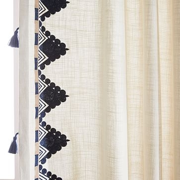 Embroidered Border Curtain, Navy, 48"x108" - Image 1