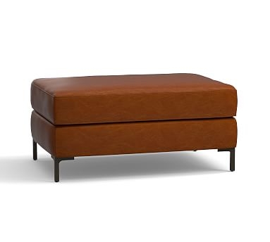 Jake Leather Ottoman with Bronze Legs, Down Blend Wrapped Cushions, Leather Legacy Dark Caramel - Image 1