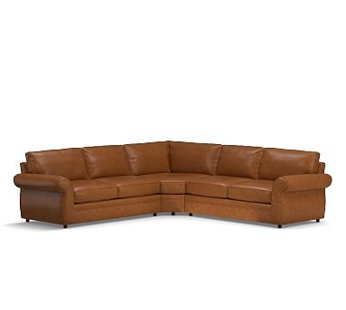 Pearce Roll Arm Leather 3-Piece L-Shaped Wedge Sectional, Polyester Wrapped Cushions, Leather Vintage Caramel - Image 1