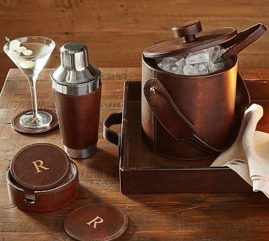 Saddle Leather Lidded Ice Bucket &amp; Tongs, Chocolate - Image 1