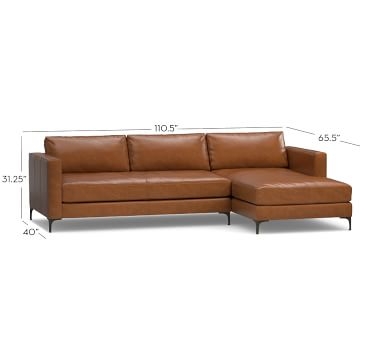 Jake Leather Right Arm Loveseat with Chaise Sectional, Bench Cushion and Bronze Legs, Down Blend Wrapped Cushions, Vintage Caramel - Image 2