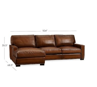 Turner Square Arm Leather Left Arm Loveseat with Chaise Sectional and Nailheads, Down Blend Wrapped Cushions, Signature Maple - Image 1