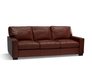 Turner Square Arm Leather Sofa 85.5", Down Blend Wrapped Cushions, Signature Whiskey - Image 1