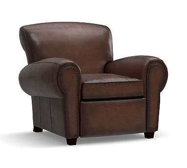 Manhattan Leather Recliner with Bronze Nailheads, Polyester Wrapped Cushions, Burnished Walnut - Image 1