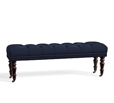 Raleigh Upholstered Tufted Queen Bench with Turned Mahogany Legs & Bronze Nailheads, Twill Cadet Navy - Image 1