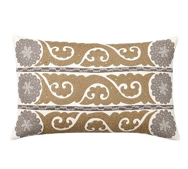 Wilhelmina Embroidered Suzani Lumbar Pillow Cover, 16x26", Neutral - Image 1