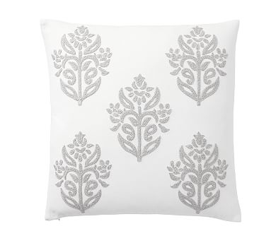 Kyla Embroidered Pillow Cover, 18", Ivory/Gray - Image 1