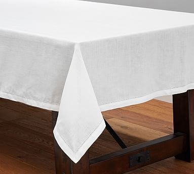 PB Classic Belgian Flax Linen Hemstitch Tablecloth, 70 x 108", White - Image 1