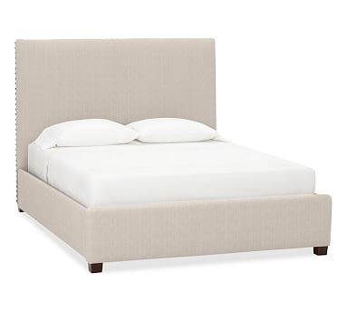 Raleigh Square Upholstered Bed with Bronze Nailheads, Full, Tall Headboard 53"h, Sunbrella(R) Performance Sahara Weave Oatmeal - Image 0