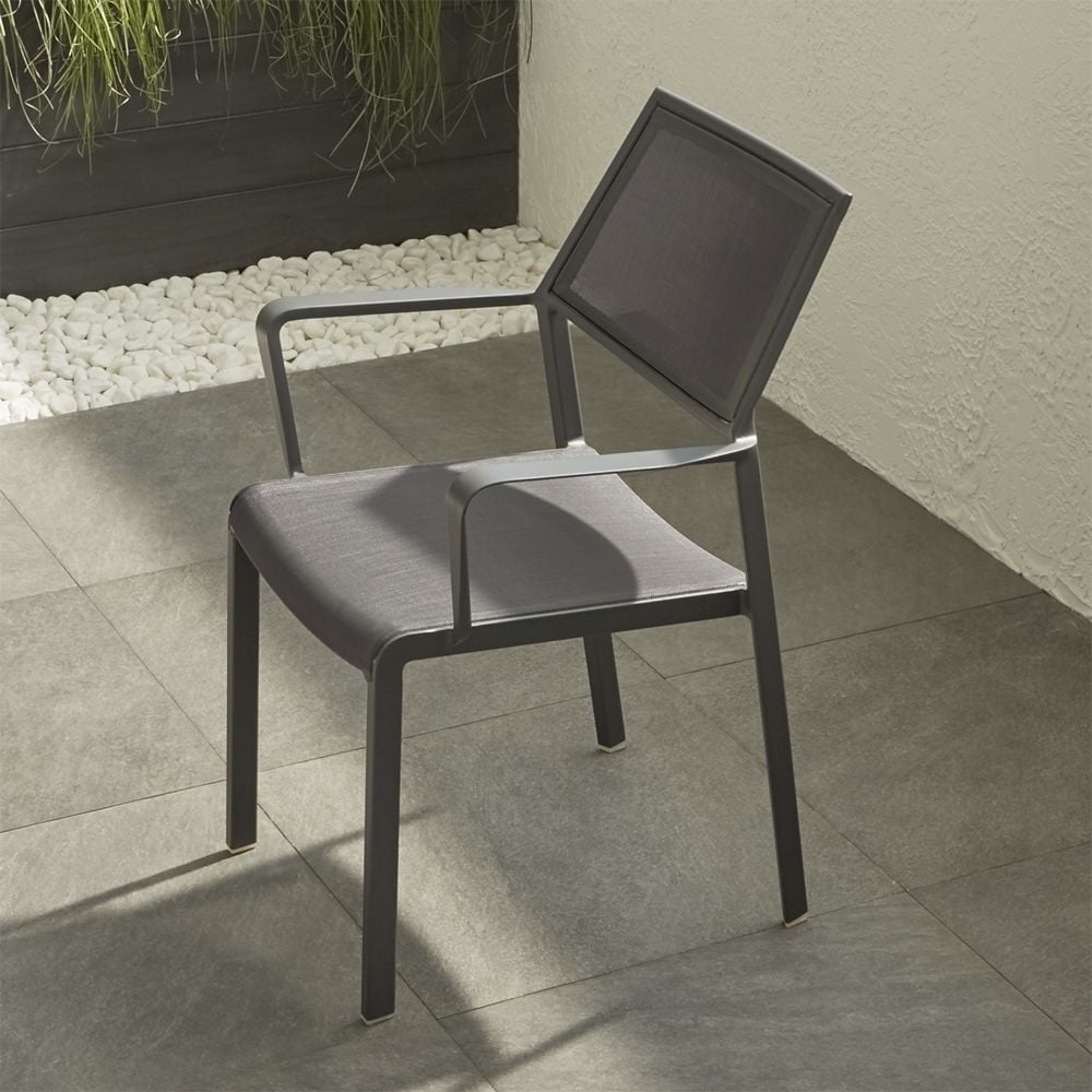 Lanai Charcoal Grey Mesh Square Stackable Outdoor Dining Chair with Arms - Image 0