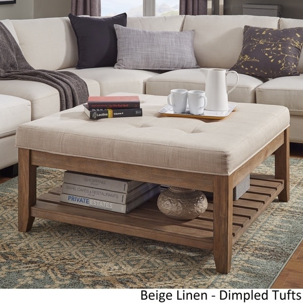 Lennon Pine Planked Storage Ottoman Coffee Table by iNSPIRE Q Artisan - [Beige Linen] - Dimpled Tufts - Image 0