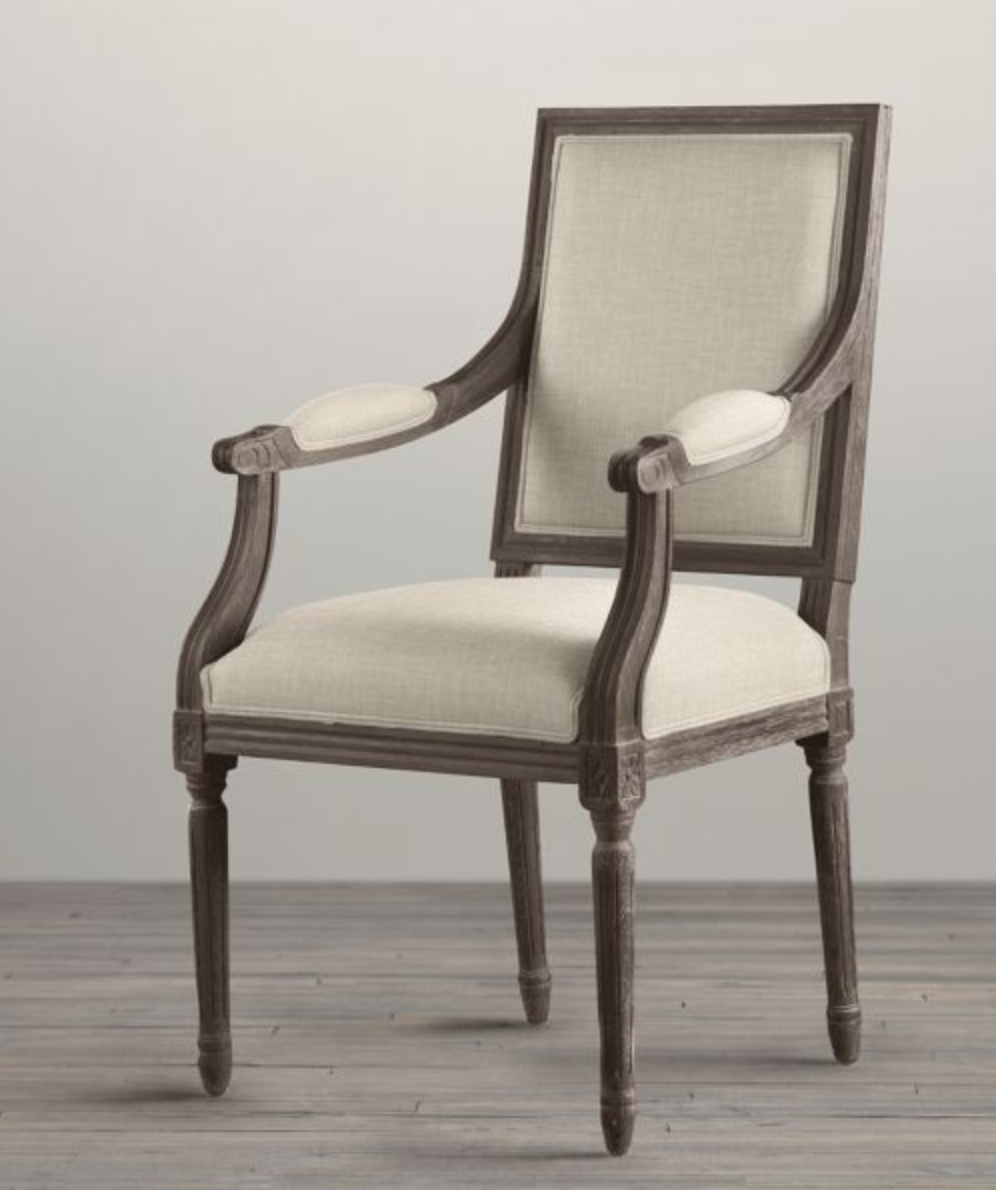 VINTAGE FRENCH SQUARE FABRIC ARMCHAIR - Sand, Burnt Oak, PERENNIALS PERFORMANCE TEXTURED LINEN WEAVE - Image 0