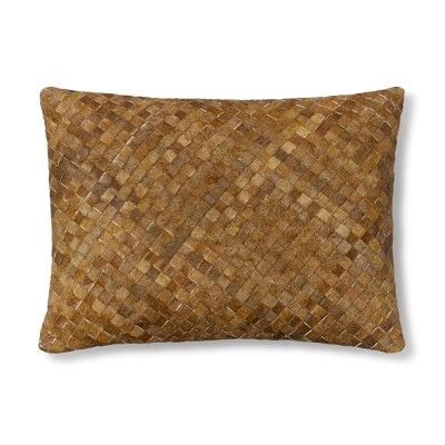 Woven Leather Hide Pillow Cover/Canvas Back, 12" X 16", Brown - Image 0
