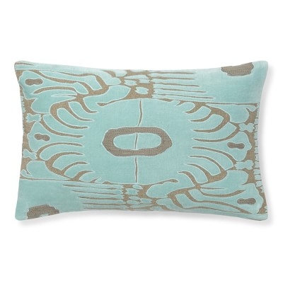 Velvet Ikat Applique Pillow, 14" X 22", Aqua/Natural - Image 0