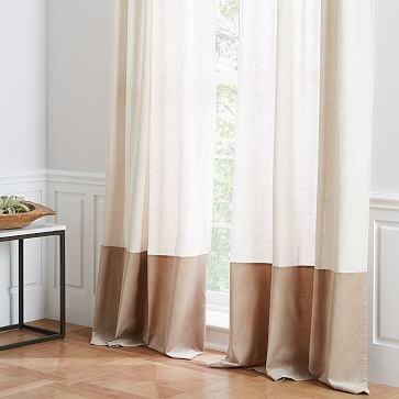Linen Velvet Colorblock Curtain, Natural/Natural, 48"X84" - Image 0