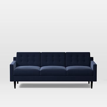 Drake Mid-Century 3 Seater Sofa, Poly, Performance Velvet, Ink Blue, Chocolate - Image 1
