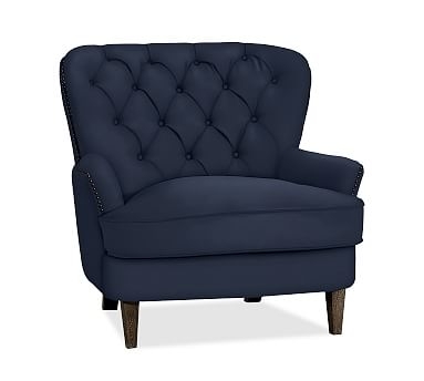 Cardiff Tufted Upholstered Armchair with Nailheads, Polyester Wrapped Cushions, Twill Cadet Navy - Image 1