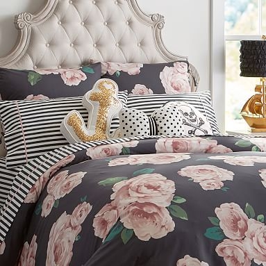 The Emily & Meritt Bed Of Roses Duvet Cover, Full/Queen, Black/Pink - Image 1