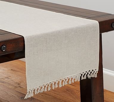 Fringed Linen Knotted Table Runner, Large, Flax - Image 1