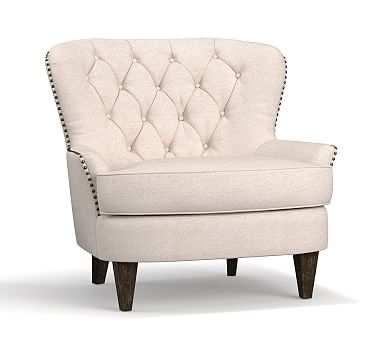 Cardiff Tufted Upholstered Armchair with Nailheads, Polyester Wrapped Cushions, Performance Heathered Tweed Pebble - Image 0