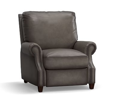 James Roll Arm Leather Recliner, Down Blend Wrapped Cushions, Burnished Wolf Gray - Image 1