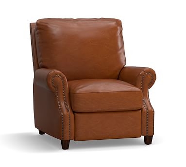 James Roll Arm Leather Recliner, Down Blend Wrapped Cushions, Legacy Dark Caramel - Image 1