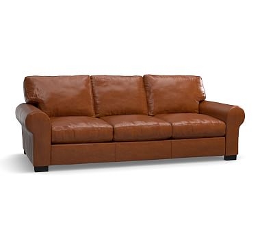 Turner Roll Arm Leather Sofa 91" 3X3, Down Blend Wrapped Cushions, Legacy Dark Caramel - Image 2