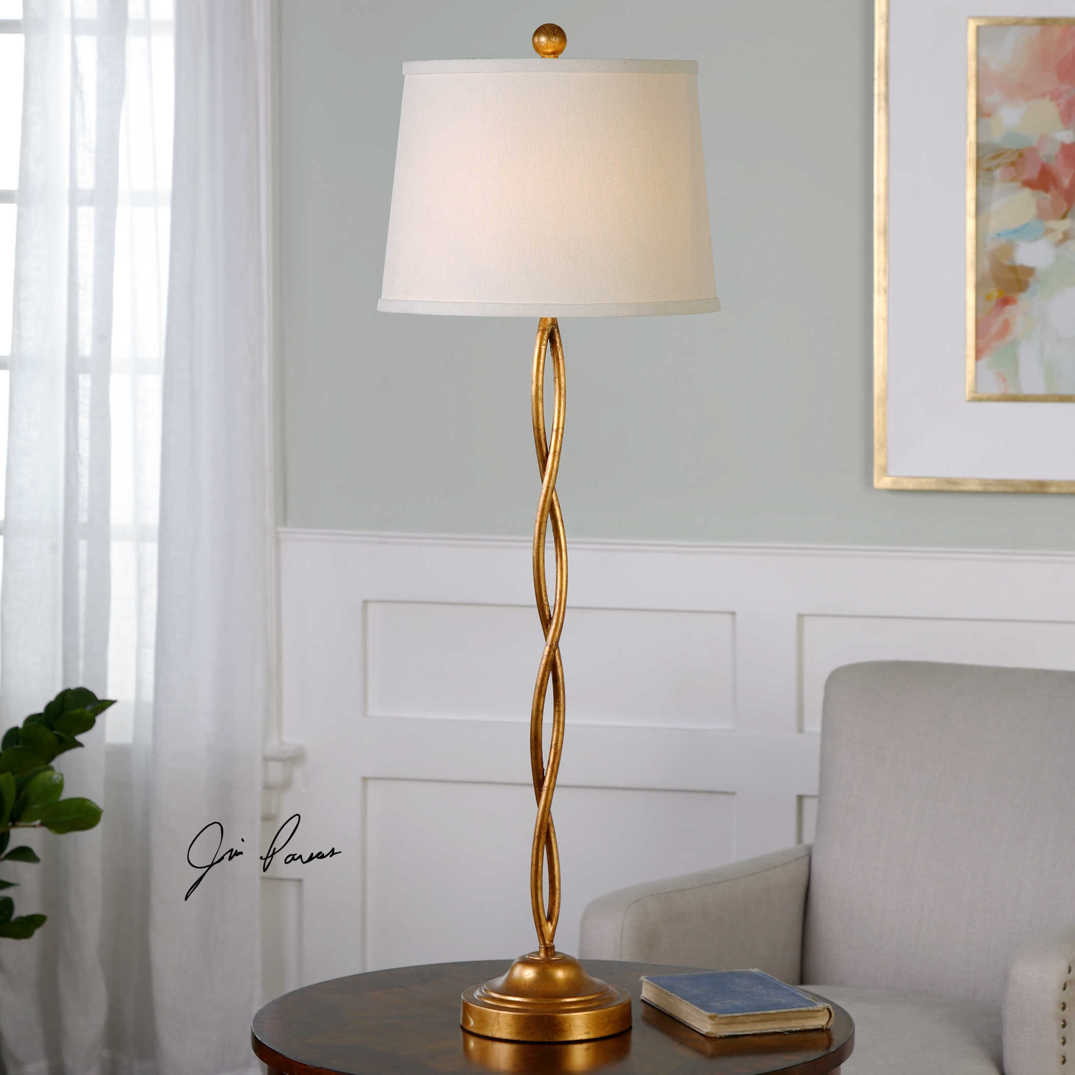 Elica Antiqued Gold Leaf Metal Buffet Table Lamp - Image 1