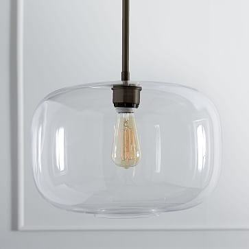 Sculptural Glass Pendant, Large Pebble, Clear Shade, Brass Canopy - Image 1