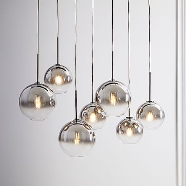 Sculptural Glass 7-Light Linear Chandelier, S-M Globe, Silver Ombre Shade, Bronze Canopy - Image 1