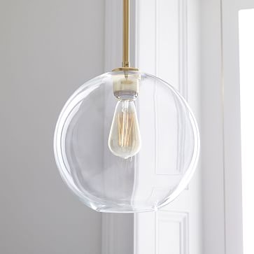 Sculptural Glass Globe Pendant, Medium Globe, Clear Shade, Brass Canopy - Image 1