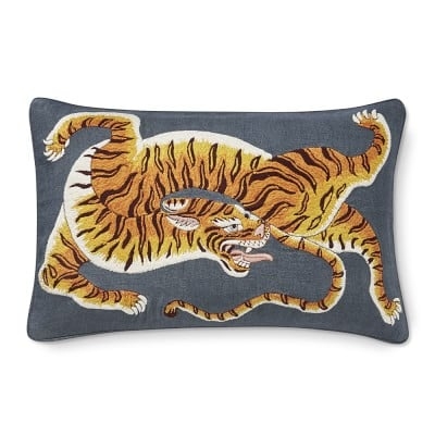 Dharma Tiger Embroidered Lumbar Pillow Cover, 14" X 22", Grey - Image 0