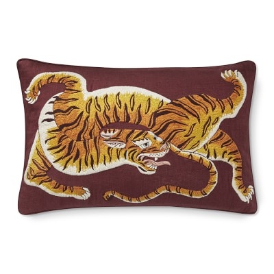 Dharma Tiger Embroidered Lumbar Pillow Cover, 14" X 22", Maroon Red - Image 0