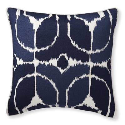 Embroidered Ikat Pillow Cover, 20" X 20", Navy - Image 0