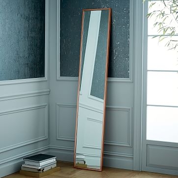 Metal Framed Narrow Floor Mirror, Antique Brass - Image 1