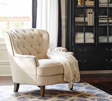 Cardiff Tufted Upholstered Armchair with Nailheads, Polyester Wrapped Cushions, Performance Heathered Tweed Pebble - Image 1