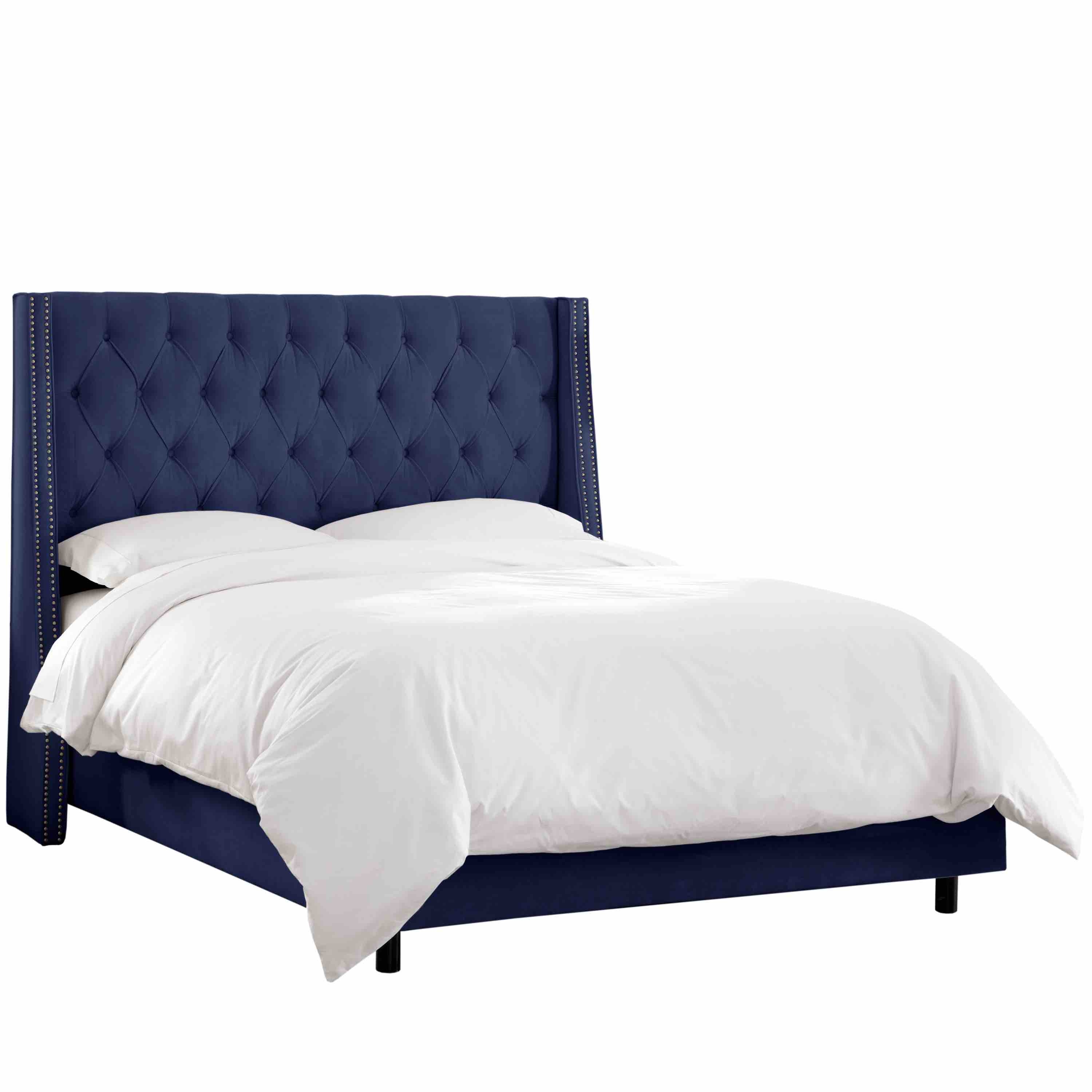 Queen Nail Button Tufted Wingback Bed in Velvet Navy / Bellevue 123NBBED-PW - Image 0