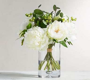 Faux Composed Peony Bouquet, White - 16" - Image 1