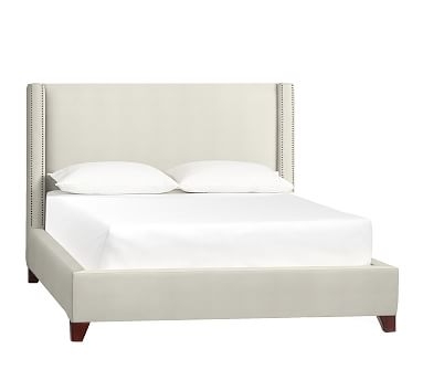 Harper Non-Tufted Upholstered Bed with Bronze Nailheads, Queen, Basketweave Slub Ivory - Image 1