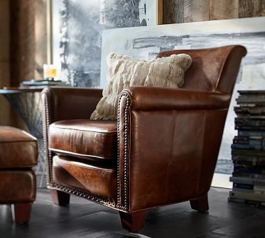 Irving Roll Arm Leather Armchair, Polyester Wrapped Cushions, Leather Burnished Wolf Gray - Image 2
