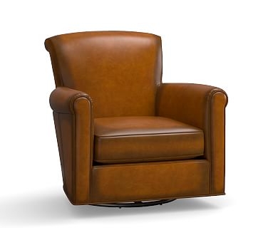 Irving Roll Arm Leather Swivel Armchair, Polyester Wrapped Cushions, Leather Burnished Bourbon - Image 0