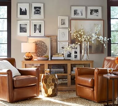 Irving Leather Swivel Armchair, Polyester Wrapped Cushions, Leather Burnished Bourbon (See Swatch) - Image 1