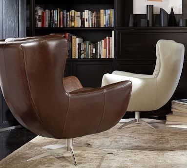 Wells Leather Swivel Armchair with Brushed Nickel Base, Polyester Wrapped Cushions, Statesville Molasses - Image 2