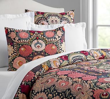 Black Helena Floral Embroidered Percale Duvet Cover, Full/Queen - Image 1