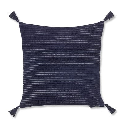 Suede Quilted Pillow Cover with Tassels, 20" X 20", Navy - Image 0
