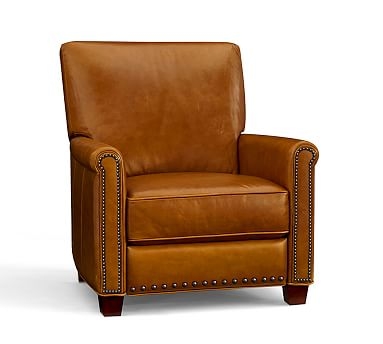 Irving Roll Arm Leather Recliner with Nailheads, Polyester Wrapped Cushions, Statesville Indigo Blue - Image 1