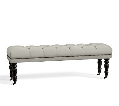 Raleigh Upholstered Tufted Queen Bench with Turned Black Legs and Bronze Nailheads, Basketweave Slub Oatmeal - Image 1