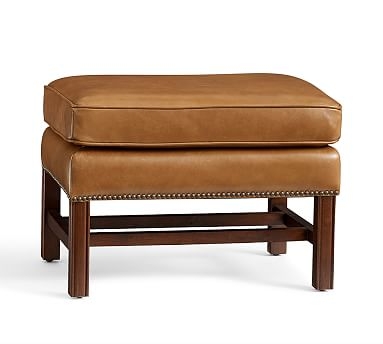 Thatcher Leather Ottoman, Polyester Wrapped Cushions, Toffee - Image 1