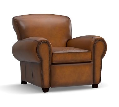 Manhattan Leather Recliner with Bronze Nailheads, Polyester Wrapped Cushions, Burnished Bourbon - Image 0